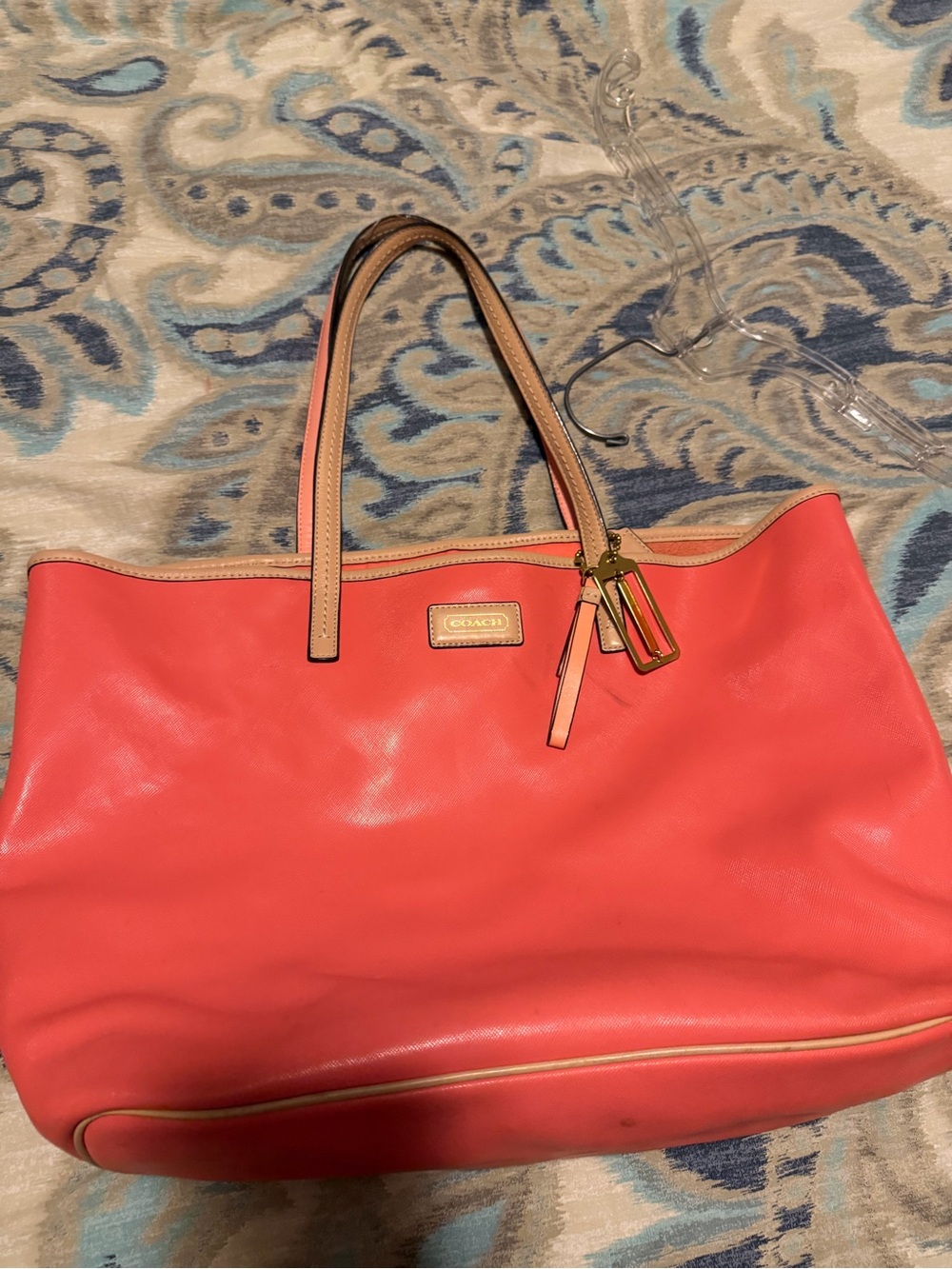 Coach Coral Leather Tote with Tan Trim and Gold Hardware